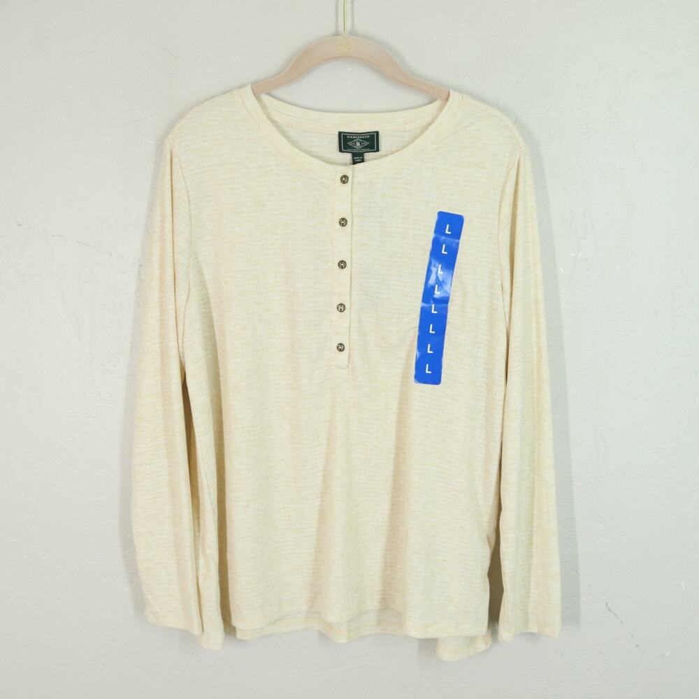 GH Bass Top Women L Ivory Textured Henley Button Top Long Sleeve Round Neck